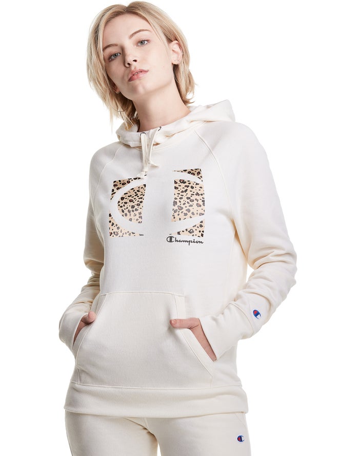 Sudadera Con Capucha Champion Mujer - Powerblend Fleece Leopard Colorblock Logo ( Blancas ) 5943187-